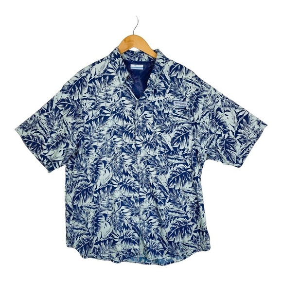 Columbia PFG Blue Palm Leaf Fish Print Short Sleeve Fishing Shirt Size Large - Picture 1 of 5